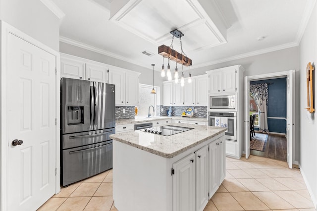 3102 E Elm Cir, Katy, TX 77493 - kitchen featuring stainless steel appliances, light tile patterned floors, white cabinetry, and crown molding