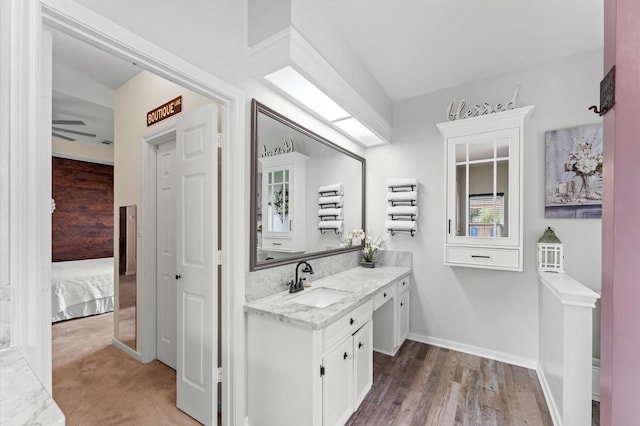 3102 E Elm Cir, Katy, TX 77493 - bathroom featuring vanity, baseboards, connected bathroom, wood finished floors, and a ceiling fan