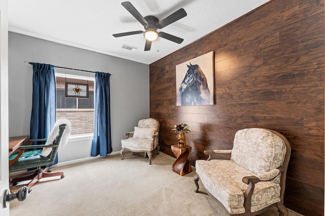 3102 E Elm Cir, Katy, TX 77493 - carpeted office featuring wood walls, ceiling fan, an accent wall, and baseboards