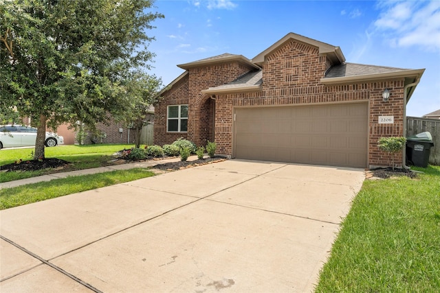 2206 Hidden Meadow Ln, Pearland, TX 77089 - view of front of home featuring brick siding, an attached garage, driveway, and a front lawn