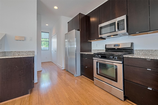 5012 Cornish St, Houston, TX 77007 - kitchen with appliances with stainless steel finishes, light wood-type flooring, recessed lighting, dark brown cabinetry, and baseboards