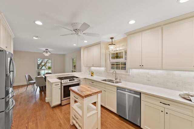 2044 Branard St, Houston, TX 77098 - kitchen with appliances with stainless steel finishes, a sink, butcher block counters, a peninsula, and tasteful backsplash