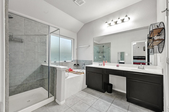 2507 Ocean Pass Ln, Richmond, TX 77469 - bathroom with a shower stall, a garden tub, lofted ceiling, tile patterned flooring, and double vanity