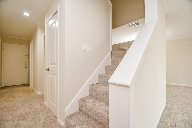 2367 Briarwest Blvd, Houston, TX 77077 - stairway featuring carpet, ornamental molding, baseboards, and recessed lighting