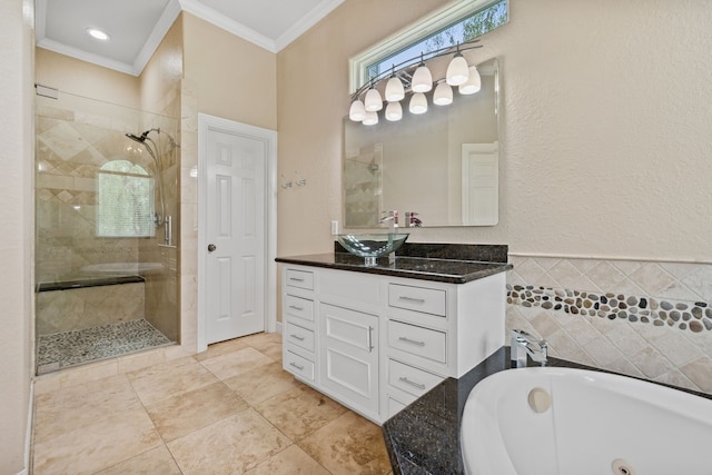806 Quintana Roo Pl, Seabrook, TX 77586 - full bathroom featuring ornamental molding, a stall shower, a tub with jets, vanity, and tile patterned floors