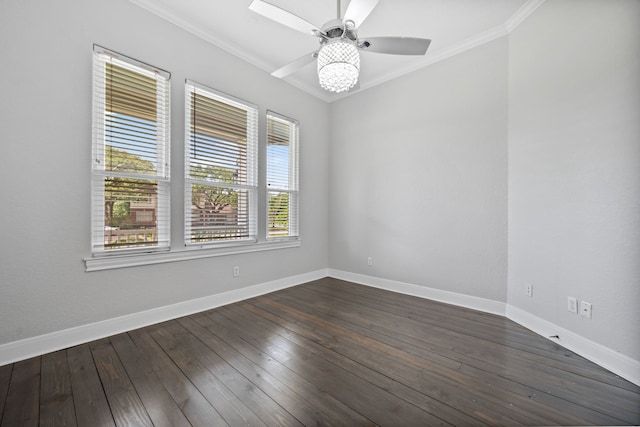 806 Quintana Roo Pl, Seabrook, TX 77586 - spare room featuring ornamental molding, ceiling fan, baseboards, and dark wood-style floors