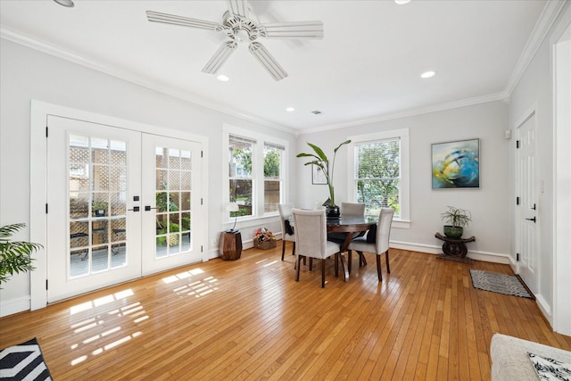 404 E 28th St, Houston, TX 77008 - dining area featuring light wood finished floors, ornamental molding, french doors, baseboards, and a ceiling fan
