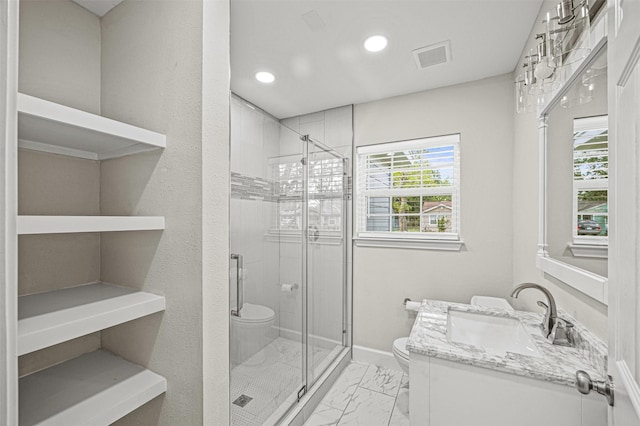 702 Norell St, Channelview, TX 77530 - bathroom featuring toilet, marble look tile flooring, vanity, a stall shower, and recessed lighting