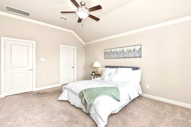 3422 Lake Ct, Iowa Colony, TX 77583 - bedroom featuring carpet floors, ornamental molding, baseboards, lofted ceiling, and a ceiling fan