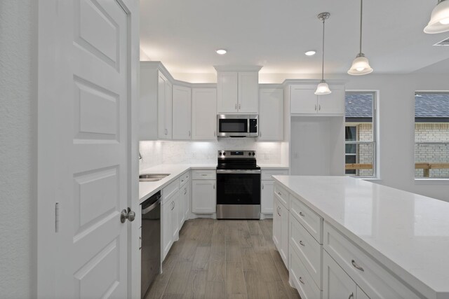 24696 Wicklow Rd, Hempstead, TX 77445 - kitchen featuring stainless steel appliances, wood finished floors, white cabinetry, tasteful backsplash, and recessed lighting