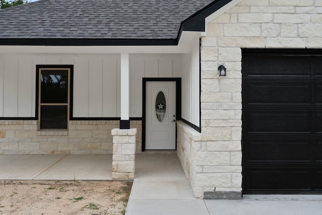 24696 Wicklow Rd, Hempstead, TX 77445 - doorway to property with roof with shingles and stone siding