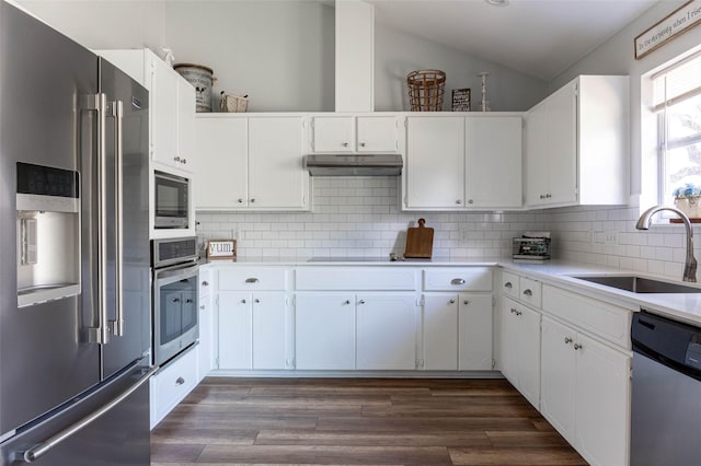 300 Coventry Rd, Spicewood, TX 78669 - kitchen with appliances with stainless steel finishes, a sink, lofted ceiling, under cabinet range hood, and white cabinets