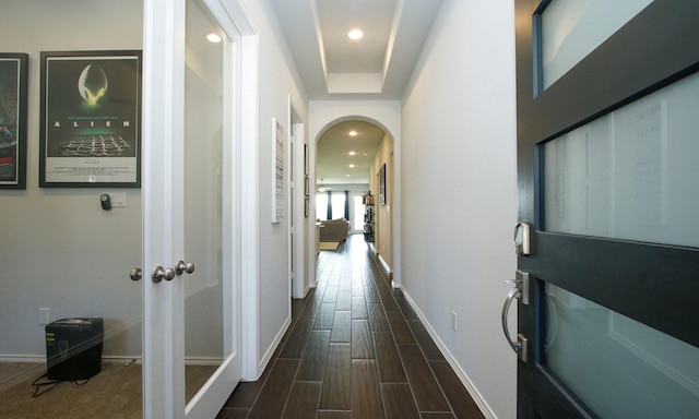 24618 Songlark Bend Dr, Tomball, TX 77375 - hall with arched walkways, baseboards, dark wood-type flooring, and recessed lighting