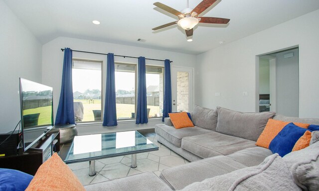 24618 Songlark Bend Dr, Tomball, TX 77375 - living room with ceiling fan, recessed lighting, and lofted ceiling