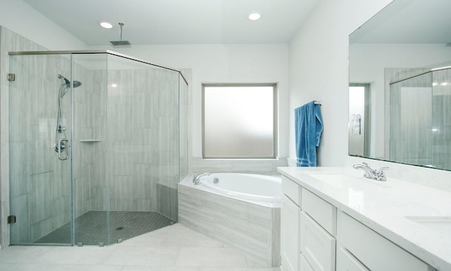 24618 Songlark Bend Dr, Tomball, TX 77375 - full bath with a stall shower, a garden tub, double vanity, tile patterned floors, and recessed lighting