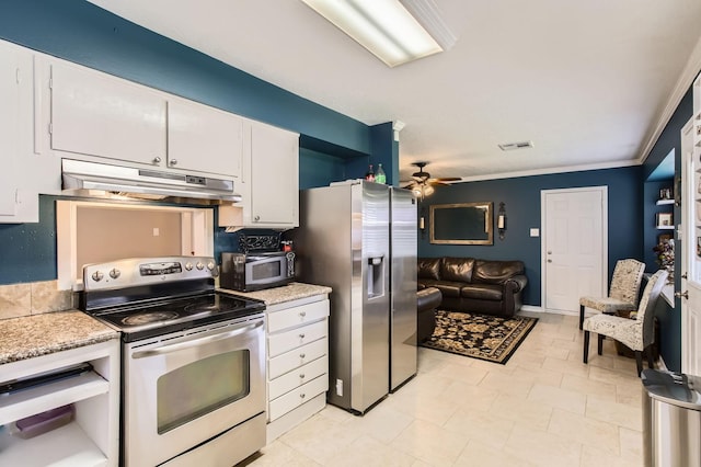2401 Raspberry Ln, Pasadena, TX 77502 - kitchen with appliances with stainless steel finishes, under cabinet range hood, light countertops, white cabinetry, and ornamental molding