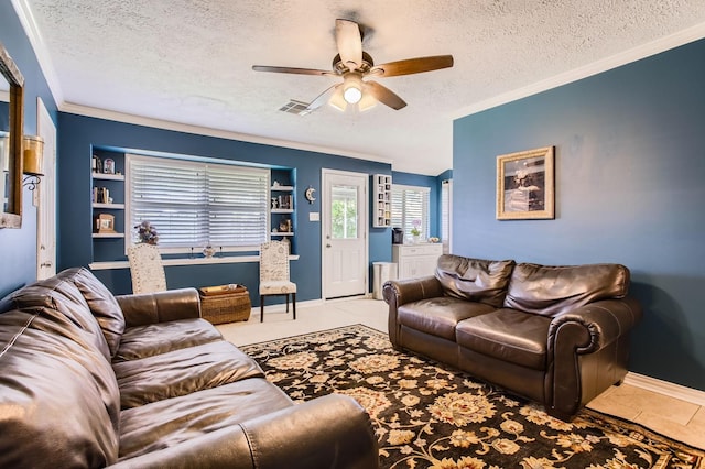 2401 Raspberry Ln, Pasadena, TX 77502 - tiled living area featuring a textured ceiling, crown molding, ceiling fan, and baseboards