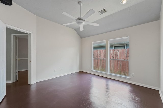 7931 Clarion Way, Houston, TX 77040 - unfurnished room with finished concrete floors, ceiling fan, lofted ceiling, and baseboards