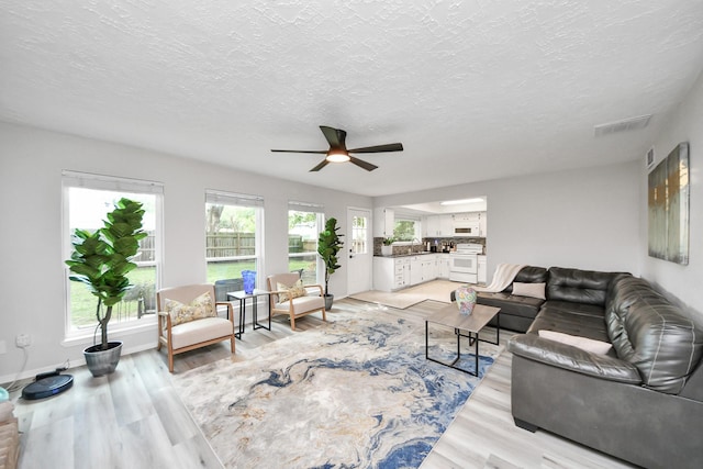 1902 Kings Arms Way, Katy, TX 77493 - living area featuring light wood finished floors, a ceiling fan, and a textured ceiling