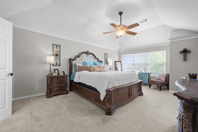 1602 Seminole St, Deer Park, TX 77536 - bedroom with light carpet, vaulted ceiling, ceiling fan, baseboards, and crown molding