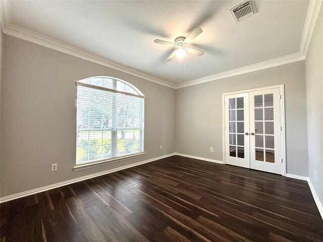2528 Attwater Way, League City, TX 77573 - empty room featuring french doors, ceiling fan, dark wood-style floors, crown molding, and baseboards