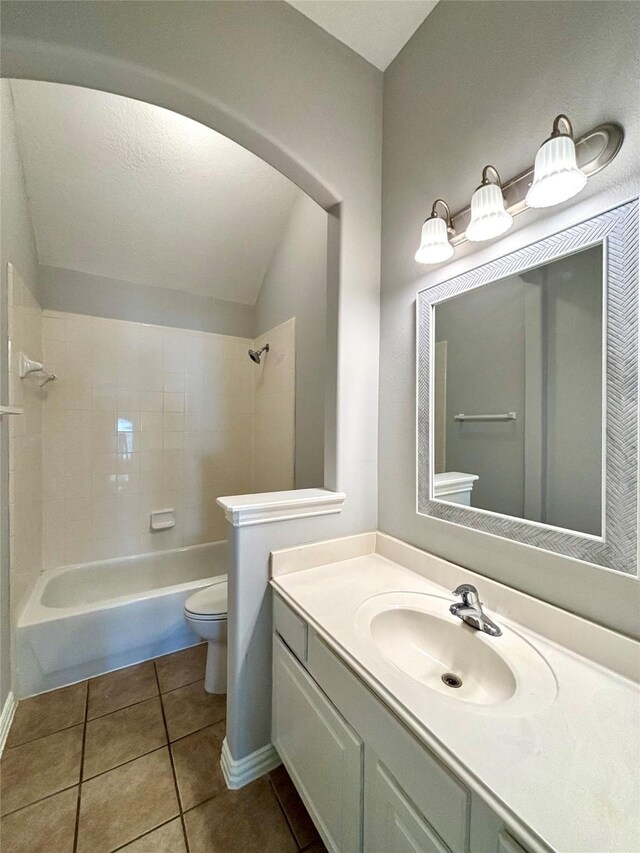2528 Attwater Way, League City, TX 77573 - bathroom with vanity, toilet, tile patterned flooring, shower / bath combination, and vaulted ceiling