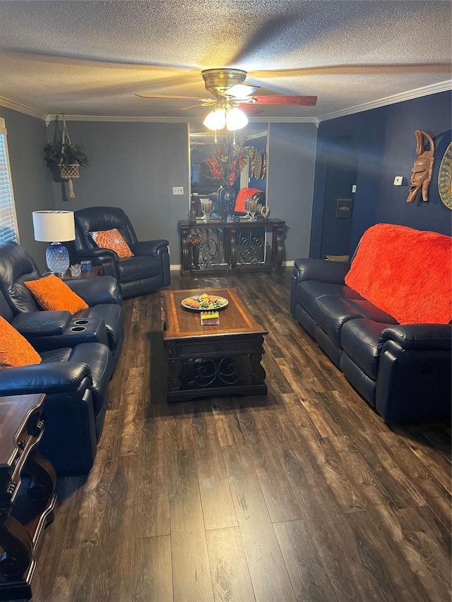 748 Queens Ct, Port Arthur, TX 77642 - living room featuring a textured ceiling, wood finished floors, ceiling fan, and ornamental molding