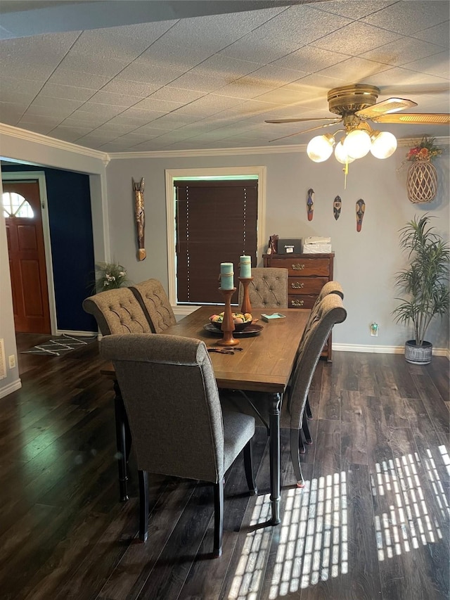 748 Queens Ct, Port Arthur, TX 77642 - dining space featuring ornamental molding, hardwood / wood-style flooring, a ceiling fan, and baseboards
