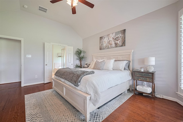 17207 Red Oak Bend Dr, Cypress, TX 77433 - bedroom with lofted ceiling, wood finished floors, baseboards, and ceiling fan