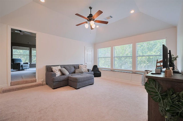 17207 Red Oak Bend Dr, Cypress, TX 77433 - living area with ceiling fan, vaulted ceiling, carpet flooring, and recessed lighting