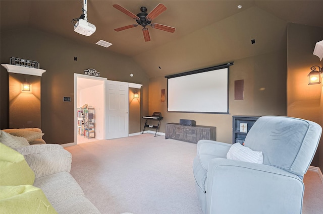 17207 Red Oak Bend Dr, Cypress, TX 77433 - carpeted cinema room featuring lofted ceiling, a ceiling fan, and baseboards
