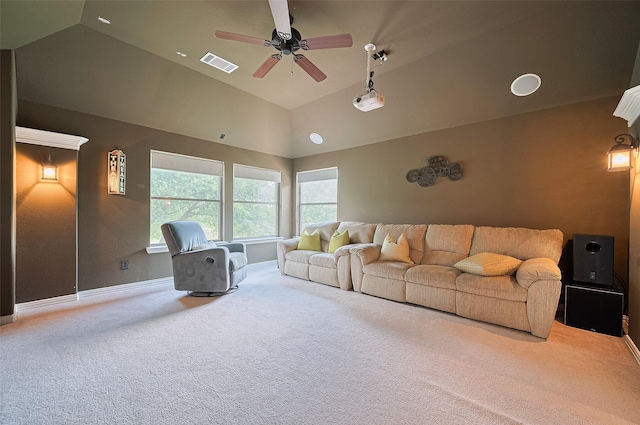 17207 Red Oak Bend Dr, Cypress, TX 77433 - living room with vaulted ceiling, carpet, ceiling fan, and baseboards