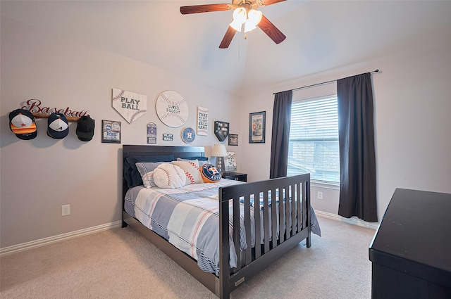 17207 Red Oak Bend Dr, Cypress, TX 77433 - bedroom featuring carpet flooring, lofted ceiling, baseboards, and ceiling fan