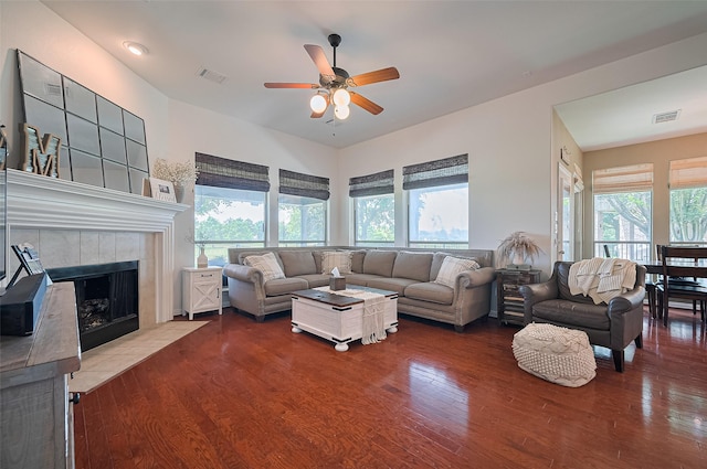 17207 Red Oak Bend Dr, Cypress, TX 77433 - living room with a ceiling fan, healthy amount of natural light, and wood finished floors