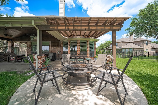 17207 Red Oak Bend Dr, Cypress, TX 77433 - view of patio featuring an outdoor fire pit, a pergola, a ceiling fan, and outdoor dining area