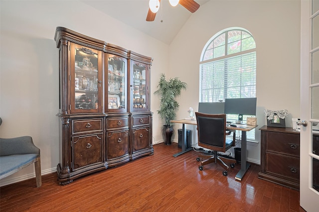 17207 Red Oak Bend Dr, Cypress, TX 77433 - office area featuring ceiling fan, dark wood-type flooring, lofted ceiling, and baseboards