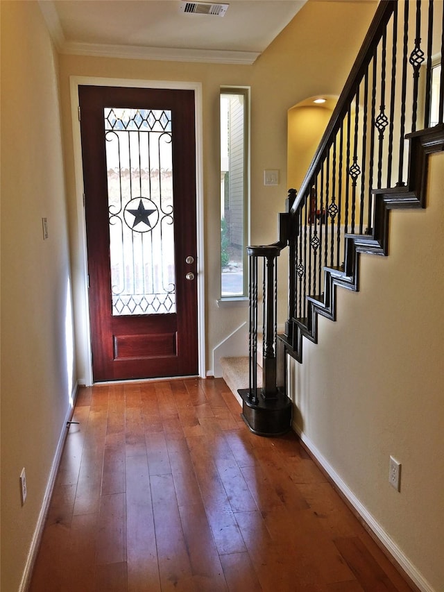 3004 Fairdale Estates Ct, Houston, TX 77057 - entryway featuring hardwood / wood-style floors, baseboards, stairway, and crown molding