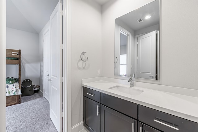 2414 Hollister Rd, Houston, TX 77080 - bathroom with vanity and lofted ceiling