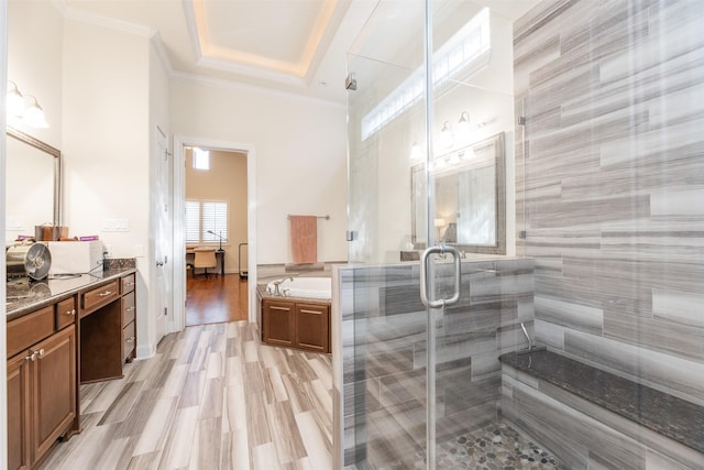 1309 Malone St, Houston, TX 77007 - bathroom featuring vanity, a garden tub, a shower stall, and ornamental molding