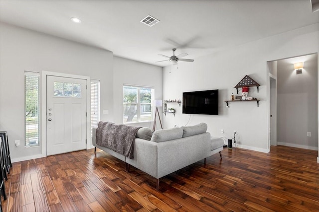 15202 Cavalier Canyon Dr, Lakeway, TX 78734 - living area featuring dark wood-type flooring, ceiling fan, baseboards, and recessed lighting