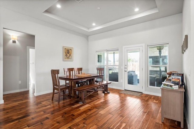 15202 Cavalier Canyon Dr, Lakeway, TX 78734 - dining area featuring wood finished floors, a tray ceiling, recessed lighting, and baseboards