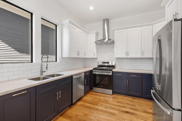 1205 Summer St Unit C, Houston, TX 77007 - kitchen with stainless steel appliances, wall chimney range hood, a sink, white cabinetry, and recessed lighting