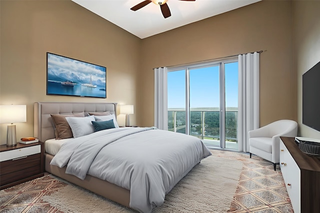4821 Nasa Pkwy Unit 12E, Pasadena, TX 77586 - bedroom featuring a ceiling fan, access to exterior, and light carpet
