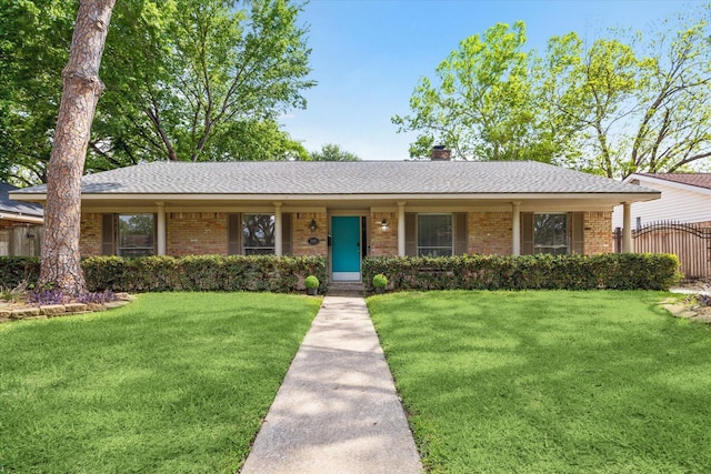 5939 Rutherglenn Dr, Houston, TX 77096 - ranch-style house featuring brick siding, a chimney, and a shingled roof
