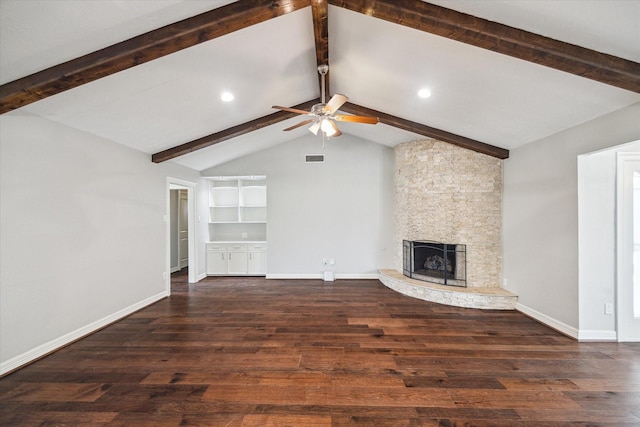 6047 Dumfries Dr, Houston, TX 77096 - unfurnished living room with a stone fireplace, wood finished floors, ceiling fan, baseboards, and recessed lighting