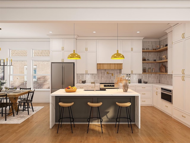 923 Fisher St Unit B, Houston, TX 77018 - kitchen with appliances with stainless steel finishes, open shelves, tasteful backsplash, a breakfast bar, and recessed lighting