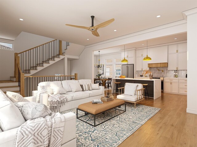 923 Fisher St Unit B, Houston, TX 77018 - living room with light wood finished floors, a ceiling fan, stairs, and recessed lighting