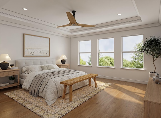 923 Fisher St Unit B, Houston, TX 77018 - bedroom with a raised ceiling, light wood-style floors, recessed lighting, baseboards, and a ceiling fan