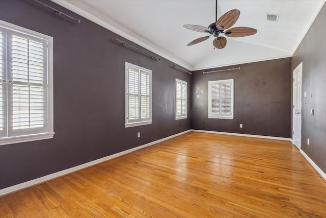 1984 Indiana St, Houston, TX 77019 - empty room with a ceiling fan, lofted ceiling, light wood finished floors, and baseboards