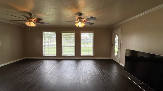 4400 Bethany St, Port Arthur, TX 77642 - unfurnished living room featuring a ceiling fan, baseboards, dark wood-style flooring, and ornamental molding